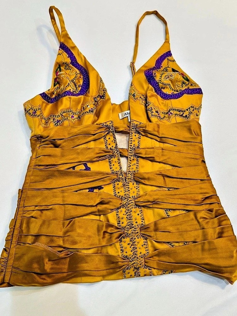 Ateleio Carrie Top Beaded Ruched Camisole Yellow & Purple Size 4